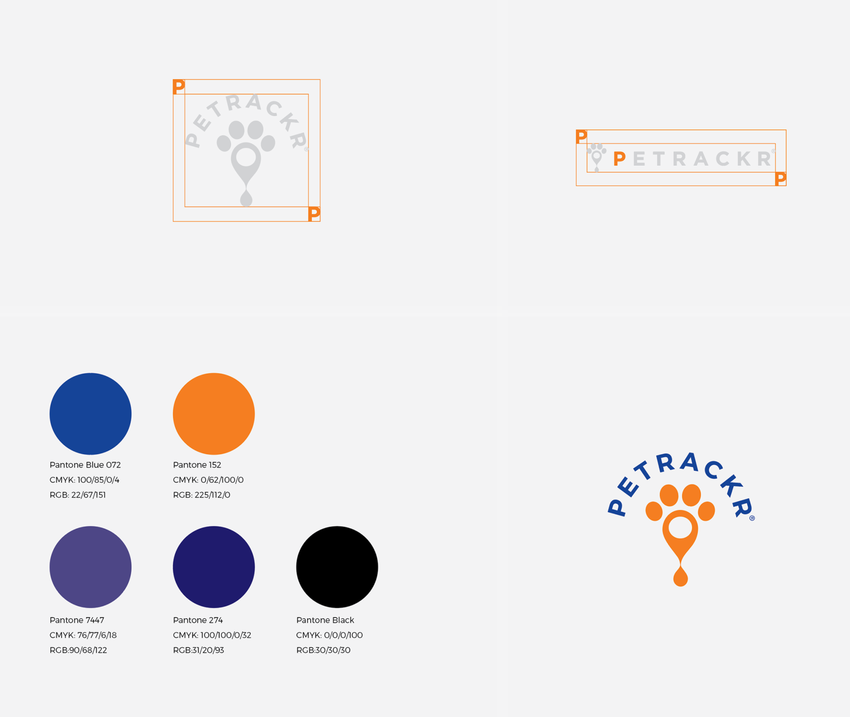 Petrackr identity guidelines showing logo clear space and the blue and orange brand palette