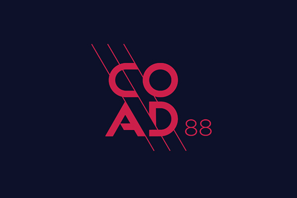 COAD88 logo in vivid red on a deep navy background