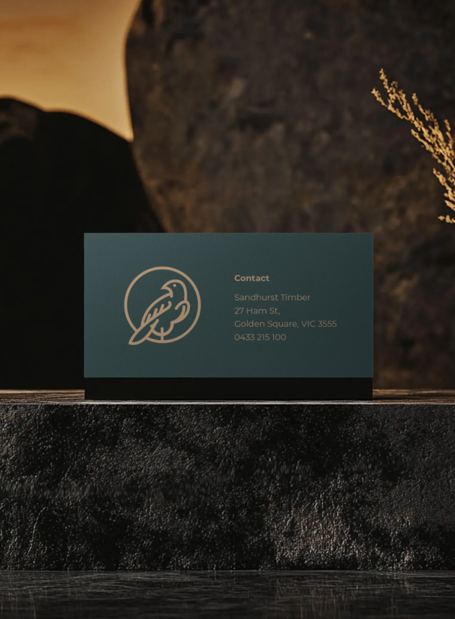 Sandhurst Timber bird mark and contact details on a forest green business card