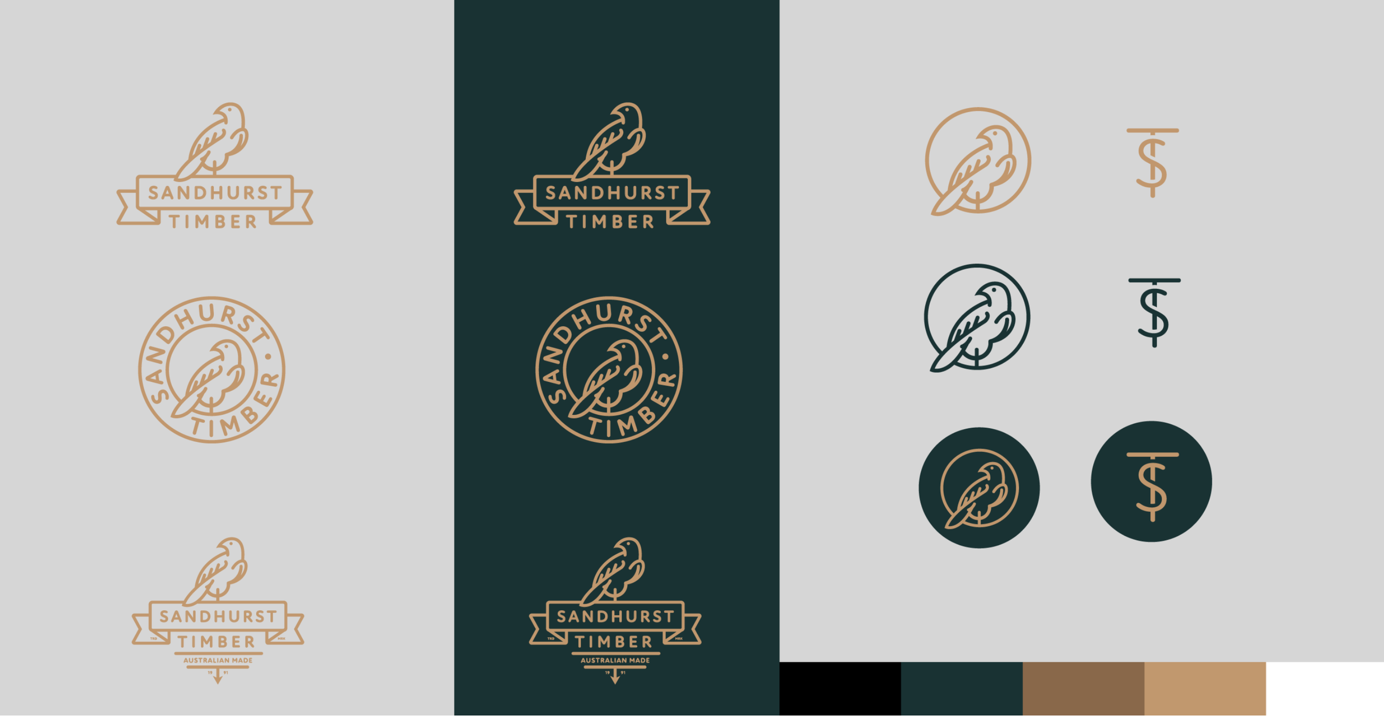 Sandhurst Timber identity system showing logo variations and a forest green, brown and ochre colour palette